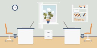 Açık gri arka plan üzerinde ofiste çalışma yeri iç. Vektör illüstrasyon. Mobilya: masa, sandalye, klasörler ve kitaplar ile raf. Duvar saati, monstera, pencere, çöp kutusu. Reklam için, siteler