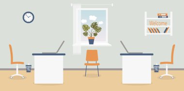 Açık gri arka plan üzerinde ofiste çalışma yeri iç. Vektör illüstrasyon. Mobilya: masa, sandalye, klasörler ve kitaplar ile raf. Duvar saati, monstera, pencere, çöp kutusu. Reklam için, siteler