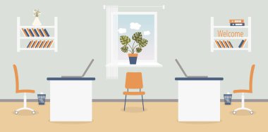 Açık gri arka plan üzerinde ofiste çalışma yeri iç. Vektör illüstrasyon. Mobilya: masa, sandalye, klasörler ve kitaplar ile raf. Duvar saati, monstera, pencere, çöp kutusu. Reklam için, siteler