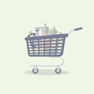 Alışveriş kavramı: deterjanlı mavi tramvay, ev, ofis, restoran, açık yeşil arka plan otel temizliği için çamaşır tozu ve sünger. Vektör düz illüstrasyon