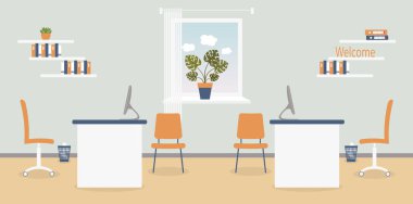 Açık gri arka plan üzerinde ofiste çalışma yeri iç. Vektör illüstrasyon. Mobilya: masa, sandalye, klasörler ve kitaplar ile raf. Duvar saati, monstera, pencere, çöp kutusu. Reklam için, siteler