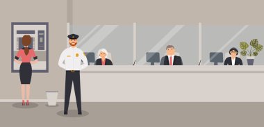 Banka ofisi iç: Banka memurları cam, Atm veya nakit makinesi ile bariyer arkasında oturup. Zarif iç finans kurumu. Müşteriler ve güvenlik görevlisi ile banka sayacı ile Hall. Vektör çizimi