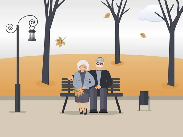 秋の公園で幸せな家族の先輩 かわいい笑顔の老男女が公園のベンチに座っています 恋に引退した老夫婦 落ちる落ち着く風景 ランタン ベクトル — ストックベクタ