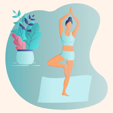 Trendy concept of fitness class:cute girl standing in yoga tree pose.Flat Funky Figures style.Decorated beautiful leaves.Vector illustration.For advertising, logo, leaflets,flyer vector Trendy concept of fitness class:cute girl standing in yoga tree pose.Flat Funky Figures style.Decorated beautiful leaves.Vector illustration.For advertising, logo, leaflets,flyer vector