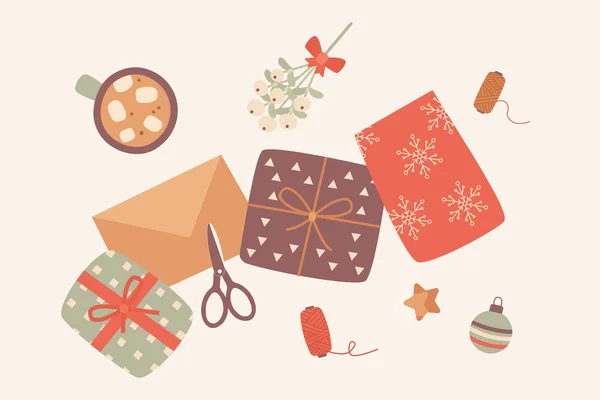 Weihnachten Geschenke Vorbereitung Process Winter Holiday Überraschungen Packing Craft Papier — Stockvektor