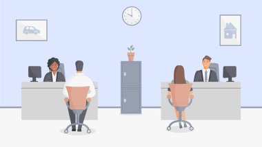 Banka ofisi veya sigorta şirketi: masaların arkasında oturan ve banka müşterilerine hizmet veren banka çalışanları. Duvar saati ve ev ve araba ile tablolar ile zarif iç. Safe.Vector illüstrasyon