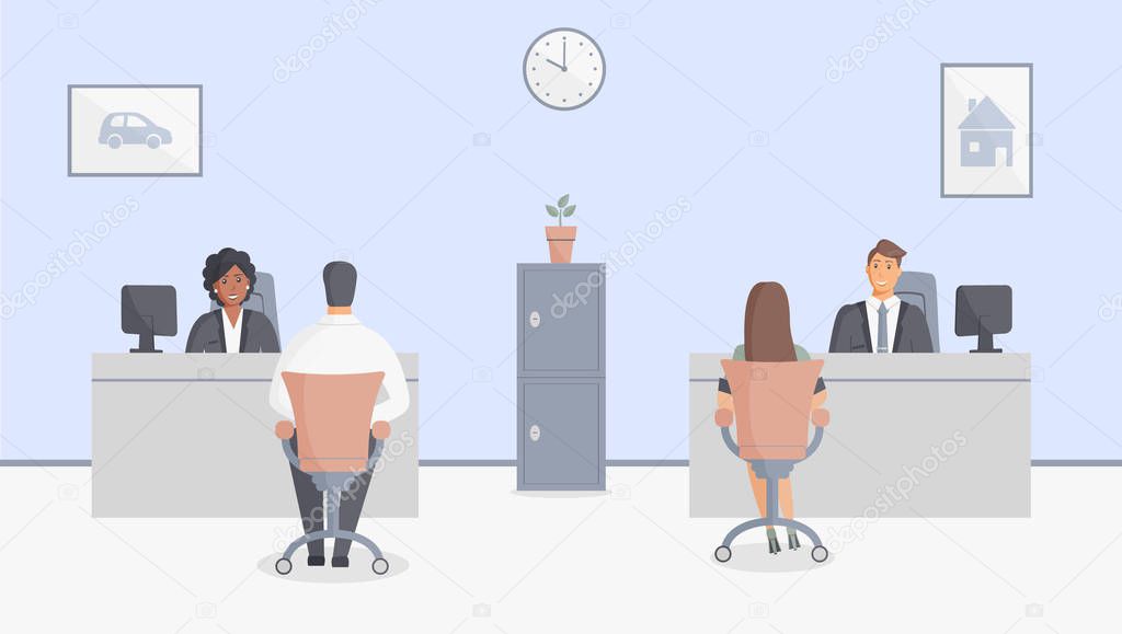 Bank office or insurance company: bank employees sitting behind tables and serving bank customers. Elegant interior with wall clock and paintings with house and car.Safe.Vector illustration