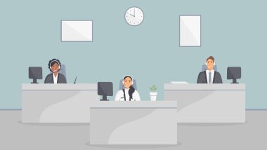 Çağrı merkezi ofisi. Kulaklıklı asistanekibi, monitörlü masalarda oturuyor. Düz vektör çizimi. Müşteri hizmetleri operatörleri, gülen yüzleri olan erkek ve kızlar. Çevrimiçi destek hizmeti temsilcileri