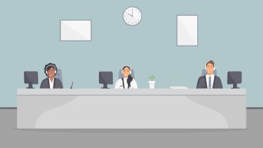 Çağrı merkezi ofisi. Kulaklıklı asistanekibi monitörlerle masada oturuyor. Düz vektör çizimi. Müşteri hizmetleri operatörleri, gülen yüzleri olan erkek ve kızlar. Çevrimiçi destek hizmeti temsilcileri