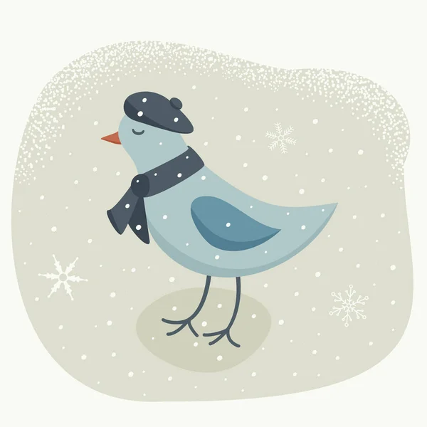 可爱的贝雷帽蓝鸟和围巾的法国艺术家在冬季背景与雪花 圣诞或新年装饰贺卡 餐巾纸 儿童读物 — 图库矢量图片