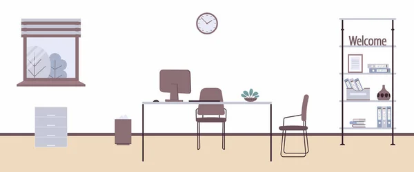 ロフトスタイルのオフィスで働く場所のインテリア ベクトルイラスト家具 テーブル フォルダ 本やボックスと本棚 壁の時計 サイトについて — ストックベクタ