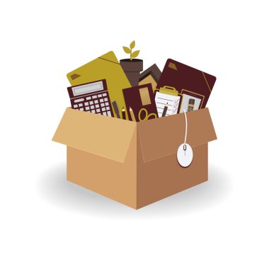 Yeni ofise taşınma fikri. Dosya, ahşap çerçeve, kalem, kalem içeren mukavva kahverengi kutu 3d, listelenecek liste, planlayıcı, zarf, bitki, fare, cep telefonu modayı renkli bisiklet kırmızısı illüstrasyon.