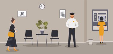 Bankanın içişleri: iş kadını ATM 'ye ya da ATM' ye gidiyor. Finans enstitüsünde müşteriyle birlikte şık bir iç mekan. Bekleme salonunda güvenlik görevlisi var. Vektör illüstrasyonu