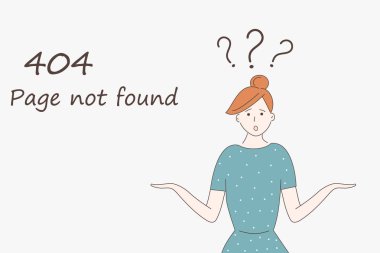 İnternet sitesi için web sayfası şablonu: 404 sayfası bulunamadı. Mavi elbiseli şirin kız saf, komik yüzlü ve kollu omuz silkiyor. Başlığın üzerinde üç soru işareti var.