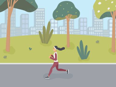 Spor kıyafetleri giymiş mutlu bir kız sağlıklı bir yaşam sürmek için bahar ya da yaz parkında koşar. Şirin bir kadın antrenman yapar ya da kaçar. Açık hava sporları aktivitesi. Renkli düz çizgi film eps10 illüstrasyon