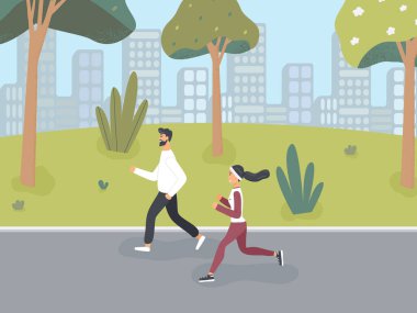 Sağlıklı bir yaşam sürmek için bahar ya da yaz parklarında spor kıyafeti giymiş mutlu bir kız ve erkek. Sevimli kadın ve erkek tren ya da koşu. Açık hava sporları etkinliği. Renkli çizgi film eps10 illüstrasyonları.