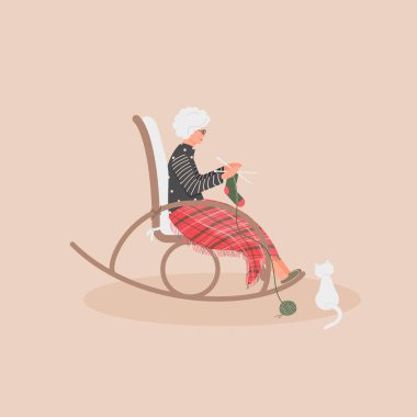 Yaşlı tatlı bir kadın sallanan sandalyede oturuyor. Yaşlı kadın ayaklarını ekoseli kumaşla kaplamış. Karikatür büyükannesi rahat bir kayanın içine çorap örüyor.