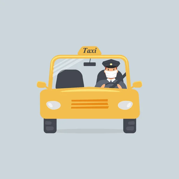 Taxi Driver Protective Medical Mask Sitting Front Seat Cab Seen — Stock Vector