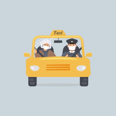 Taksi şoförü ve koruyucu tıbbi maskeli yaşlı kadın ön koltukta oturuyor. Ön camdan görülüyor. Virüs salgını sırasında taksi kullanan yaşlı kadın. Düz renkli vektör çizimi