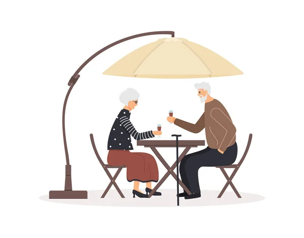 Lindo Anciano Mujer Sientan Cafetería Mesa Madera Plegable Bajo Paraguas — Vector de stock