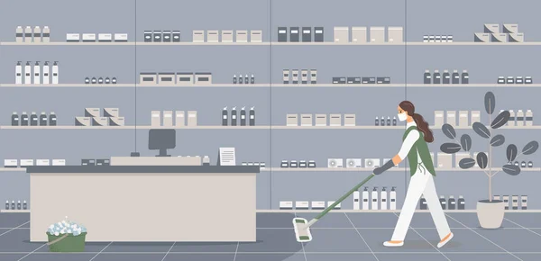 在药店的内部清洁 清洗干净的地板药店里有药剂师的柜台 货架上有各种各样的药品和其他医疗产品 — 图库矢量图片