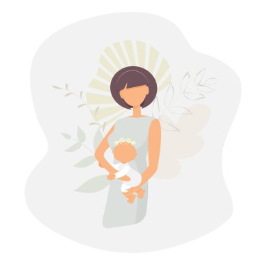 Yüzü olmayan sevimli genç kadın anne dekore edilmiş fantezi soyut yaprakları. Nazik kız anne kucağında sevimli bir çocuk. Bebekli açık mavi elbiseli bir kadın anne. Düz vektör illüstrasyonu