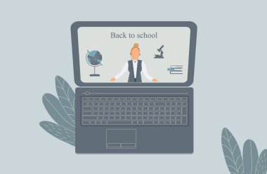Virüs salgını sırasında uzaktan öğrenme veya çevrimiçi eğitim kavramı. Öğretmenli, küresel, mikroskop ve kitaplı bir internet sayfası olan dizüstü bilgisayar. Yazı okula geri döndü. Vektör illüstrasyonu
