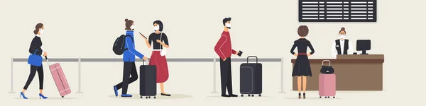 空港でのフライトを確認するために 人々は列に並んだり チェックインデスクでキューイングしたりします ターミナルで飛行機の出発を待っている荷物を持つ男性と女性 カラーフラットベクトルイラスト — ストックベクタ
