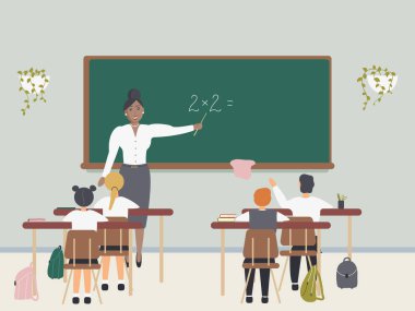 İlkokul öğrencilerine ya da karatahtanın yakınındaki çocuklara çarpmayı açıklayan kadın matematik öğretmeni. Sınıfta masada oturan çocuklara matematik ya da aritmetik öğreten genç bir kadın. Vektör.