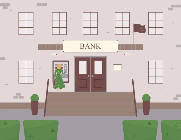 Fasada Banku Dziewczyną Stojącą Przy Bankomacie Wejście Klasycznym Gankiem Cegły — Wektor stockowy