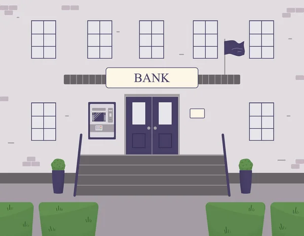 Classic brick facade of the bank with ATM. Entrance with a porch with steps to financial institution.Modern landscape design with plants: trimmed bushes and box trees in vases. Raster illustration