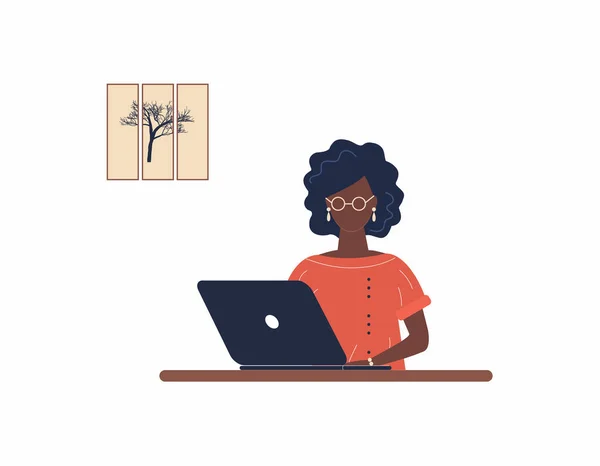 Mujer Afroamericana Tutora Trabaja Laptop Remote Trabajo Aprendizaje Distancia Formación — Archivo Imágenes Vectoriales