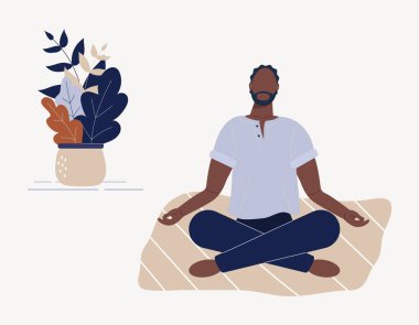 Afro-amerikalı bir adam bacaklarını kavuşturup meditasyon yapıyor. Yoga poziyonundaki genç adam meditasyon yapıyor, farkındalık pratiği yapıyor, evde ruhani disiplin uyguluyor. Düz çizgi film çizimi.