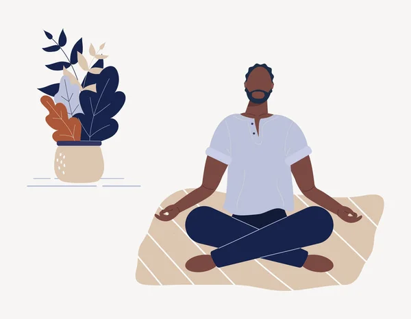 Афро Американец Сидящий Скрещенными Ногами Полу Медитирующий Молодой Парень Позе — стоковый вектор