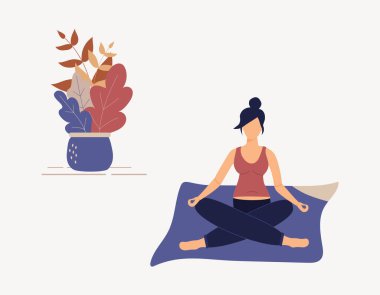 Hamile bir kadın bacaklarını yere çarpmış ve meditasyon yapıyor. Yoga poziyonundaki genç bayan meditasyon yapıyor, farkındalık pratiği yapıyor, evde ruhani disiplin uyguluyor. Düz çizgi film çizimi.