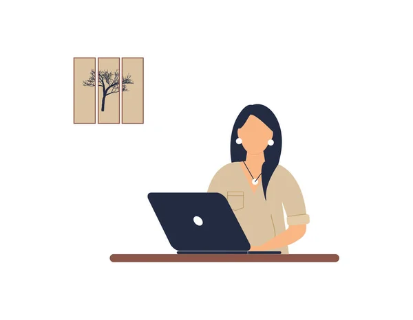 Woman tutor work on laptop. Concept of remote work, distance learning or online training during the virus epidemic.Cute lady trainer or coach conduct webinar or workshop.Raster colourful illustration