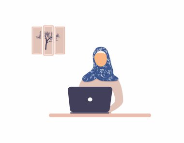 Güzel Müslüman kadın öğretim görevlisi dizüstü bilgisayar üzerinde çalışıyor. Virüs salgını sırasında uzaktan çalışma, uzaktan öğrenme veya çevrimiçi eğitim. Bayan eğitmen veya koç webinar veya atölye çalışması yapıyor. Raster renkli resimleme