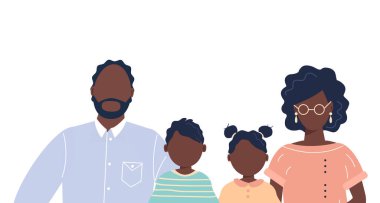 Afro-Amerikan halkının mutlu aile portresi anne, baba, oğul ve kızı beyaz arka planda izole edildi. Dört kişilik bir aile. Modern düz çizgi film raster çizimi