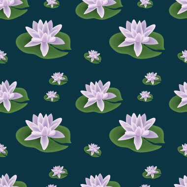 Çiçeksiz desenli nilüferler, donanma arka planında. Kumaşlar, ketenler, giysiler, ambalaj kağıtları için inanılmaz güzel su çiçekleri olan şirin süsler. Zengin yaz arkaplanı.