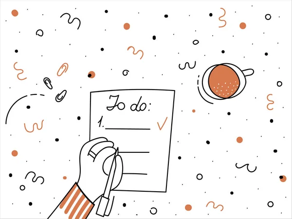 To-do list with cup of coffee and hand with pen or pencil. Hand drawn doodle style raster design illustration.Sheet of planning or diary for routine business for office or home or education