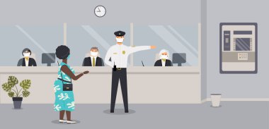 Virüs salgını sırasında bankanın içi. Yüz maskeli banka memurları cam, ATM veya para makinesiyle bariyerin arkasında oturuyorlar. Mali kurumlar. Müşteriler ve güvenlik görevlileriyle tezgah kuruyorlar. Vektör