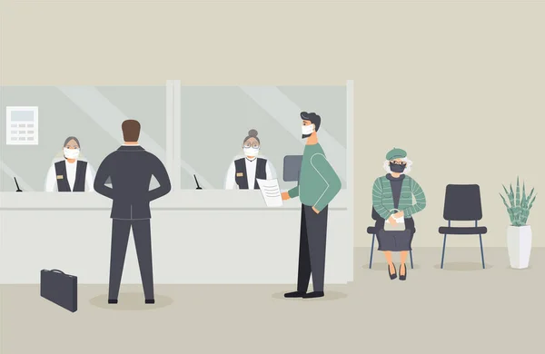 Bank office is open during epidemic of virus.Employees in protective medical mask behind counter serve customers.Clients stand in hall near cash register window and talk to clerks.Raster illustration