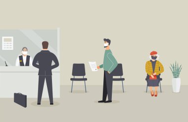 Virüs salgını sırasında banka ofisi açıktır. Tezgahın arkasındaki koruyucu tıbbi maske çalışanı müşterilere hizmet verir. Müşteriler kasanın yanındaki koridorda durur ve tezgahtarla konuşur.