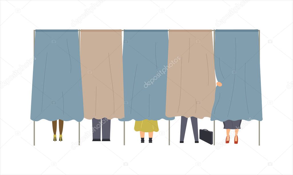 Political election process. Bundle of people are in the voting booths putting ballots in box at polling station, choosing candidate or voting for politicians. Vector cartoon illustration