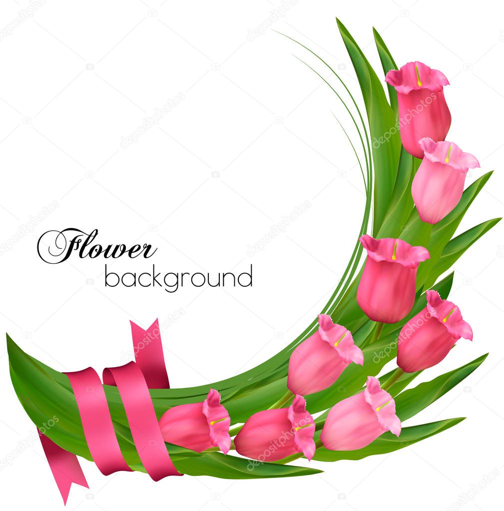 Holiday background with bouquet of pink flowers with bow and ribbon.