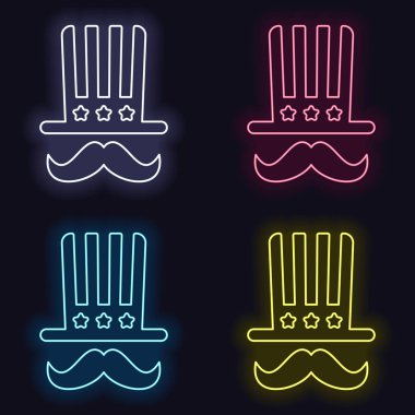 4 Temmuz bağımsızlık günü. şapka ve bıyık simgesi. Neon işareti kümesi. Koyu arka plan üzerinde casino tarzı. Seamless modeli