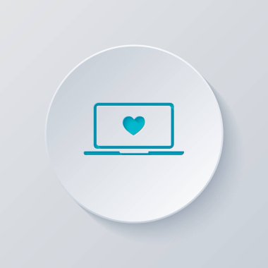 Laptop ya da defter bilgisayar ekranında kalp ile. Basit simgesi. Gri ve mavi katmanları ile daire kes. Kağıt tarzı