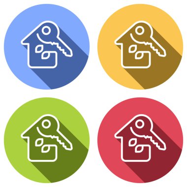 House ile anahtar. İnce anahat ile doğrusal simgesi. Bir çizgi stili. Mavi, turuncu, yeşil ve kırmızı renkli daireler uzun gölge ile beyaz simgeler kümesi. Etiket tarzı