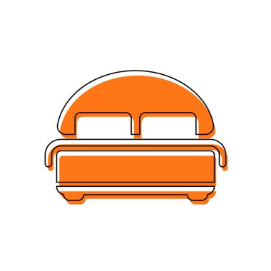 Çift Kişilik Yatak silüeti. Çift otel odasında. İzole simge siyah ince dağılımı ve farklı katmanlarda doldurma taşındı turuncu oluşan. Beyaz arka plan