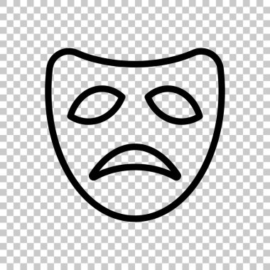 Üzgün maskesi tiyatro, trajedi duygu ile yüz, drama iz. Doğrusal anahat simgesi. Saydam arka plan siyah sembolü